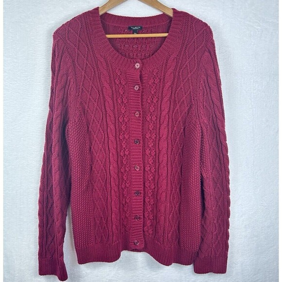 Talbots Petite Maroon Cardigan 2X Fisherman Cable Knit Cotton Wool Preppy Classy - Picture 1 of 8